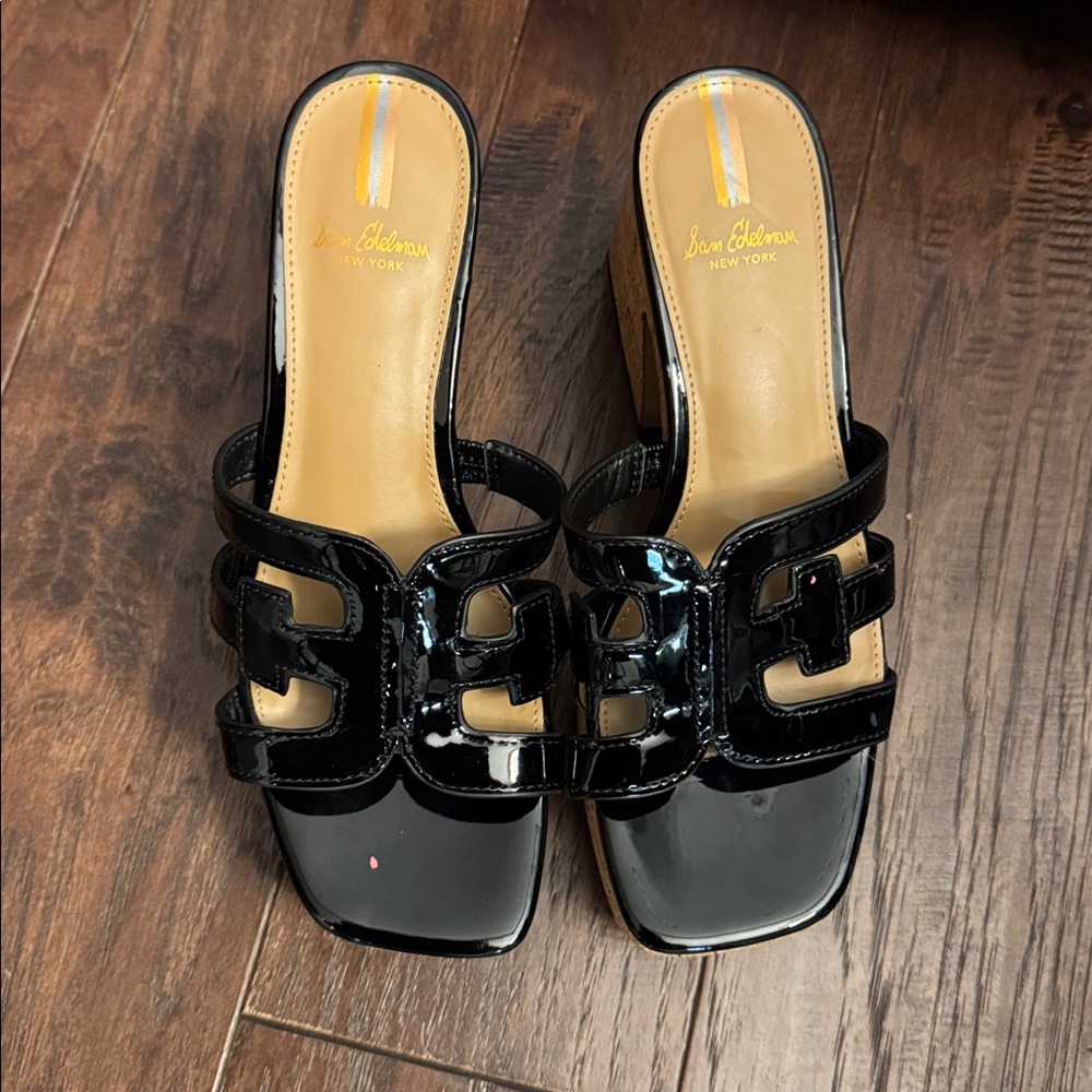 Sam Edelman Women's Dev Chunky Cork Platform Sandals 7.5 Black Patent $150